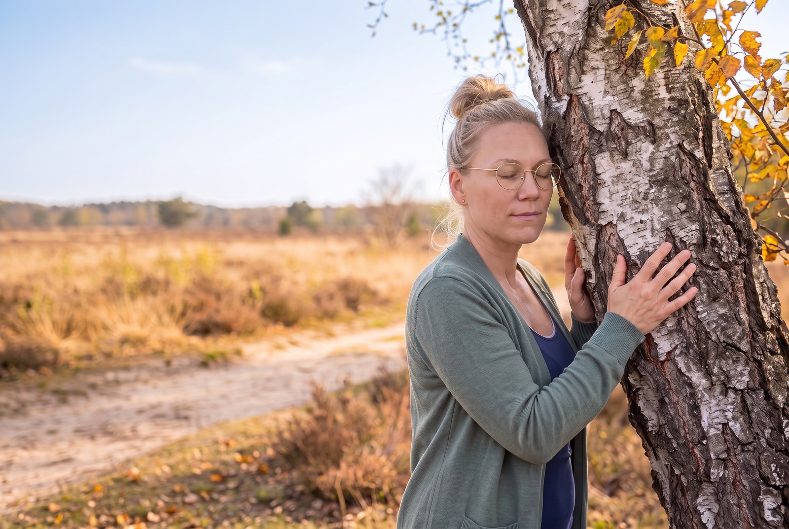 Daniela beim bewussten Spüren an einer Birke im Herbst