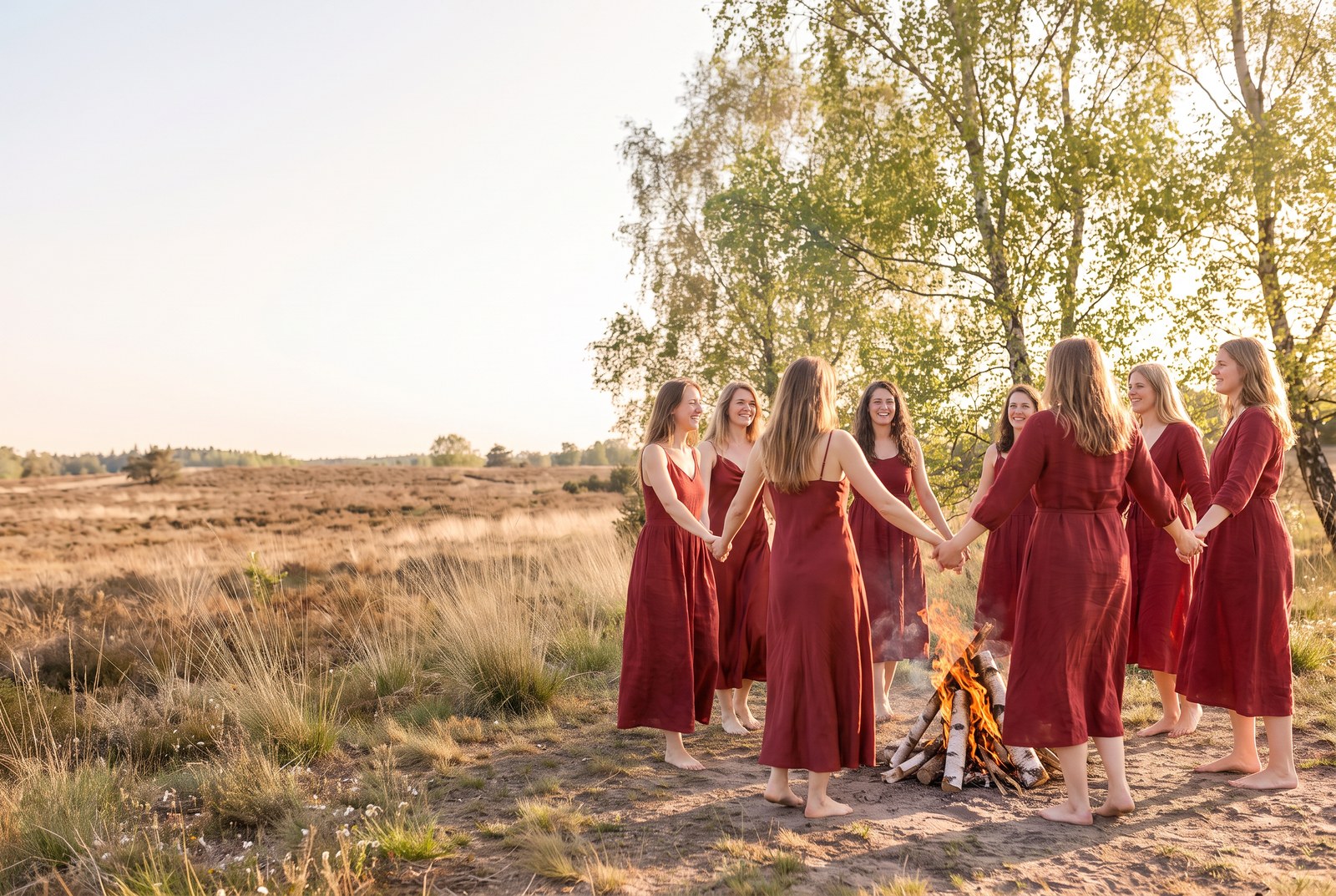 Frauenkreis in roten Kleidern zu Beltane